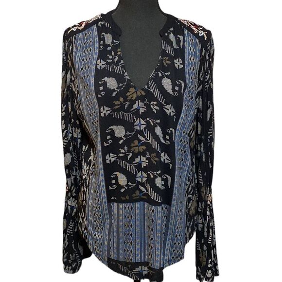 LUCKY BRAND Embroidered Boho V-Neck Popover Bell Sleeve Top - Picture 3 of 9